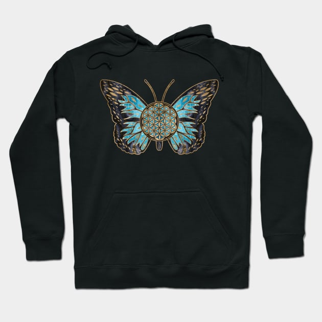 Flower of Life Butterfly - Blue Gemstone and gold Hoodie by Nartissima